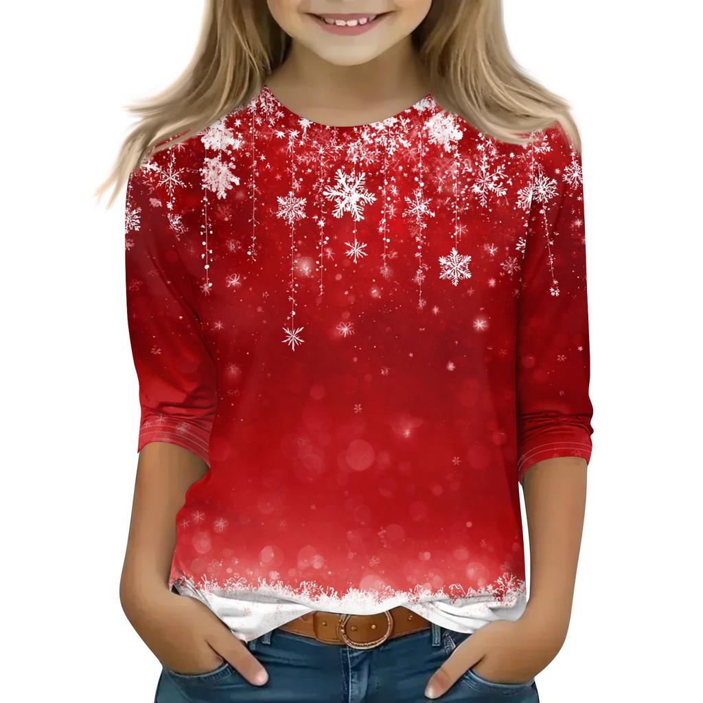 Christmas Day Print Tops For Youth Girls 4-11 Years Round Neck 3/4 Sleeves T-Shirts Trendy Tops Outfit Tees