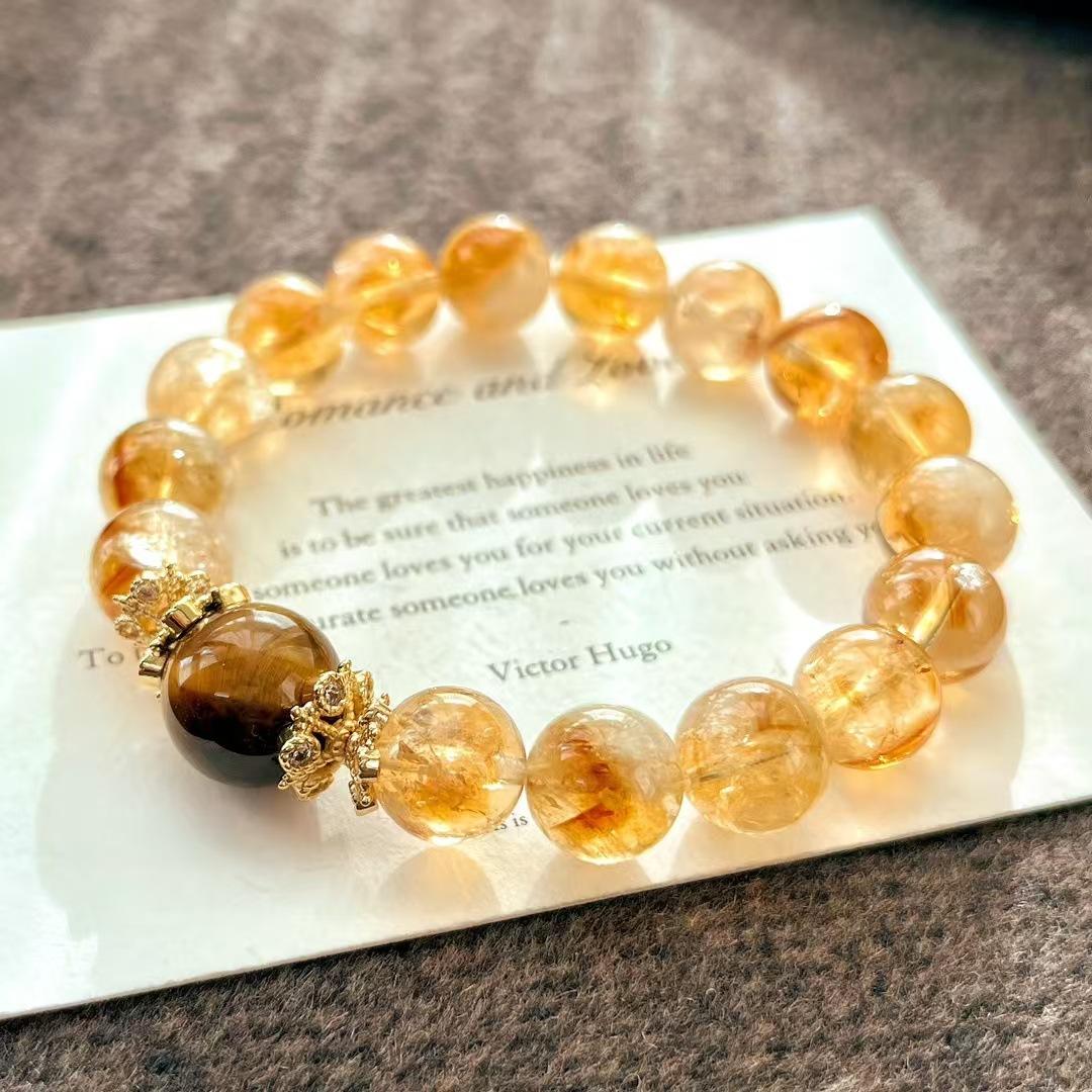 10Mm Retro Natural Citrine Yellow Tower Crystal Bracelet Beaded Bracelet Tiger Eye Stone Light Luxury Jewelry