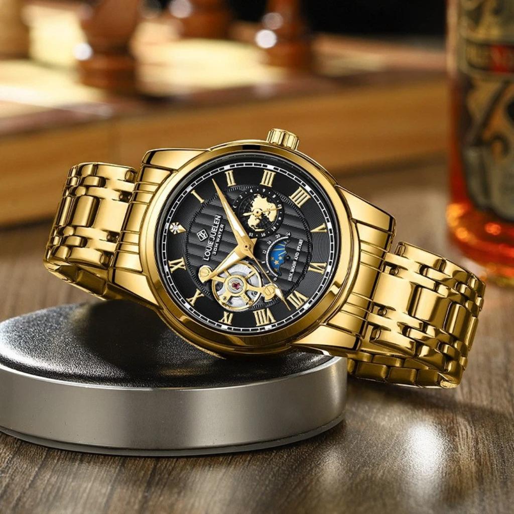 Vintage Automatic Watch Multifunctional Mechanical for Men Stainless Steel Skeleton Wristwatch Elegant Diamond Watches