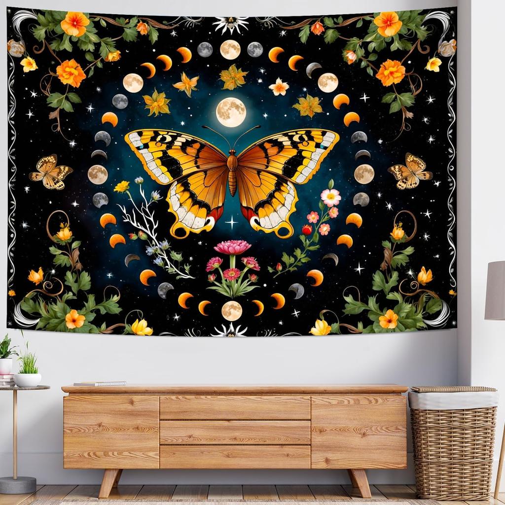Butterfly Moon Flower Tapestry Botanical Floral Plant Boho Tapestry Wall Hanging Mandala Aesthetic Mushroom Retro Vintage