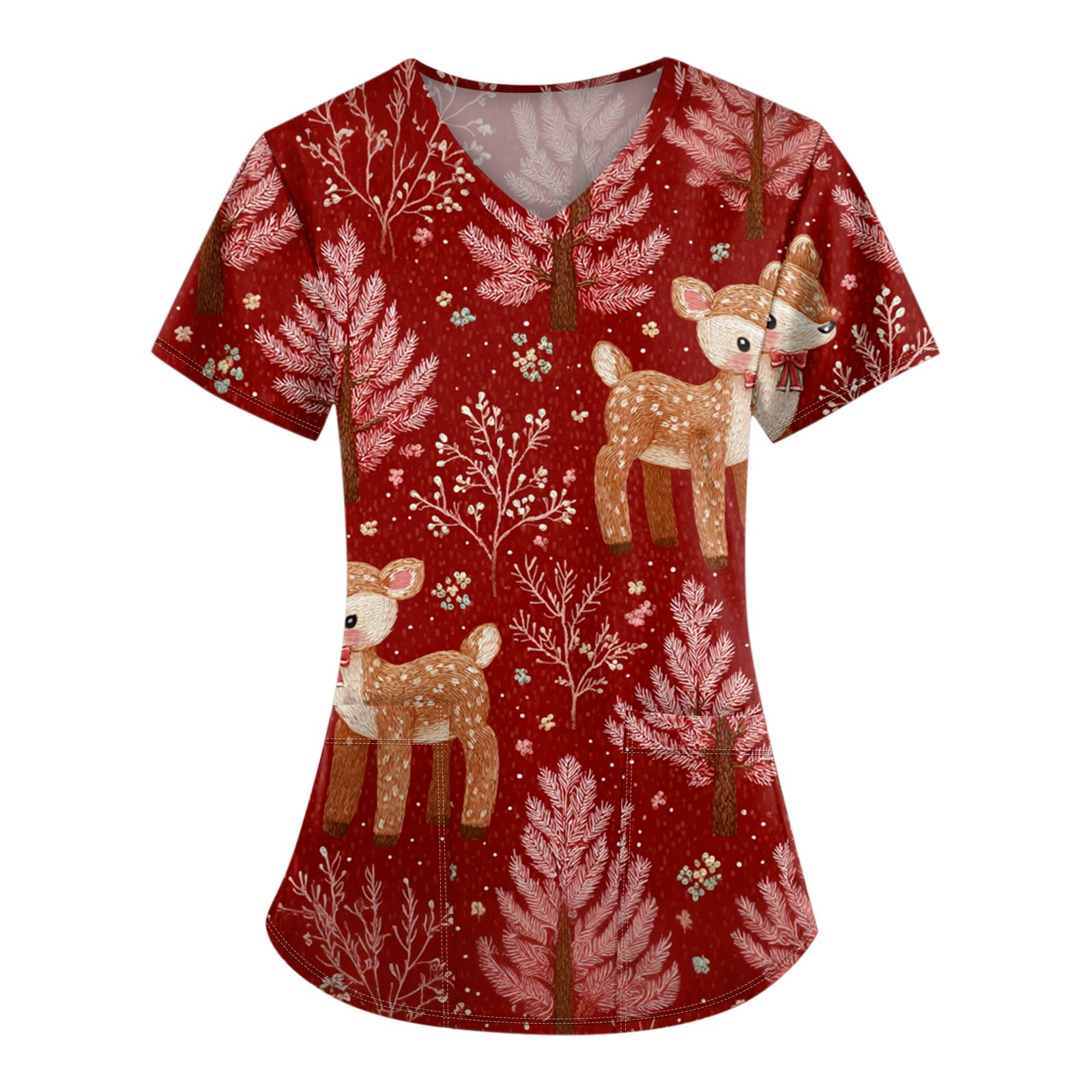 Women s Christmas Printing Short Sleeve V-neck Tops Working Pocket Blouse L