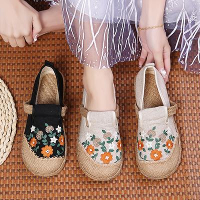 2024Women Casual Linen Handmade Embroidery Mules Flat Slippers Retro Vegan Summer Ladies Canvas Comfortable Espadrille Shoes