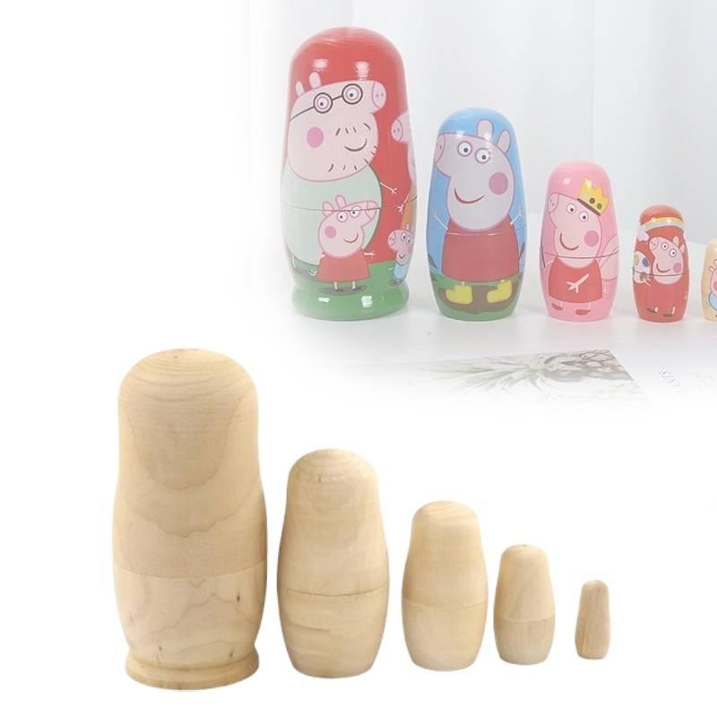 Diy 5pcs Unpainted Blank Wooden Embryos Russian Nesting Dolls Toy Matryoshka