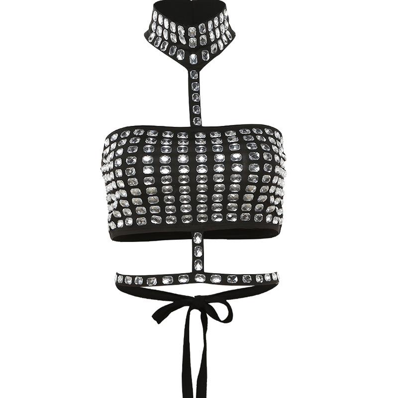 INS European and American style autumn and winter new women's clothing fashionable neck sexy backless straps slim diamond-encrusted small vest