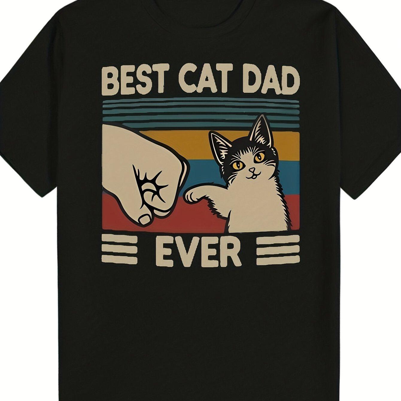 Men s  Best Cat Dad Ever  T-Shirt with Fist Bump Cat Print, Vintage Retro Colorful Casual Tee L чёрный