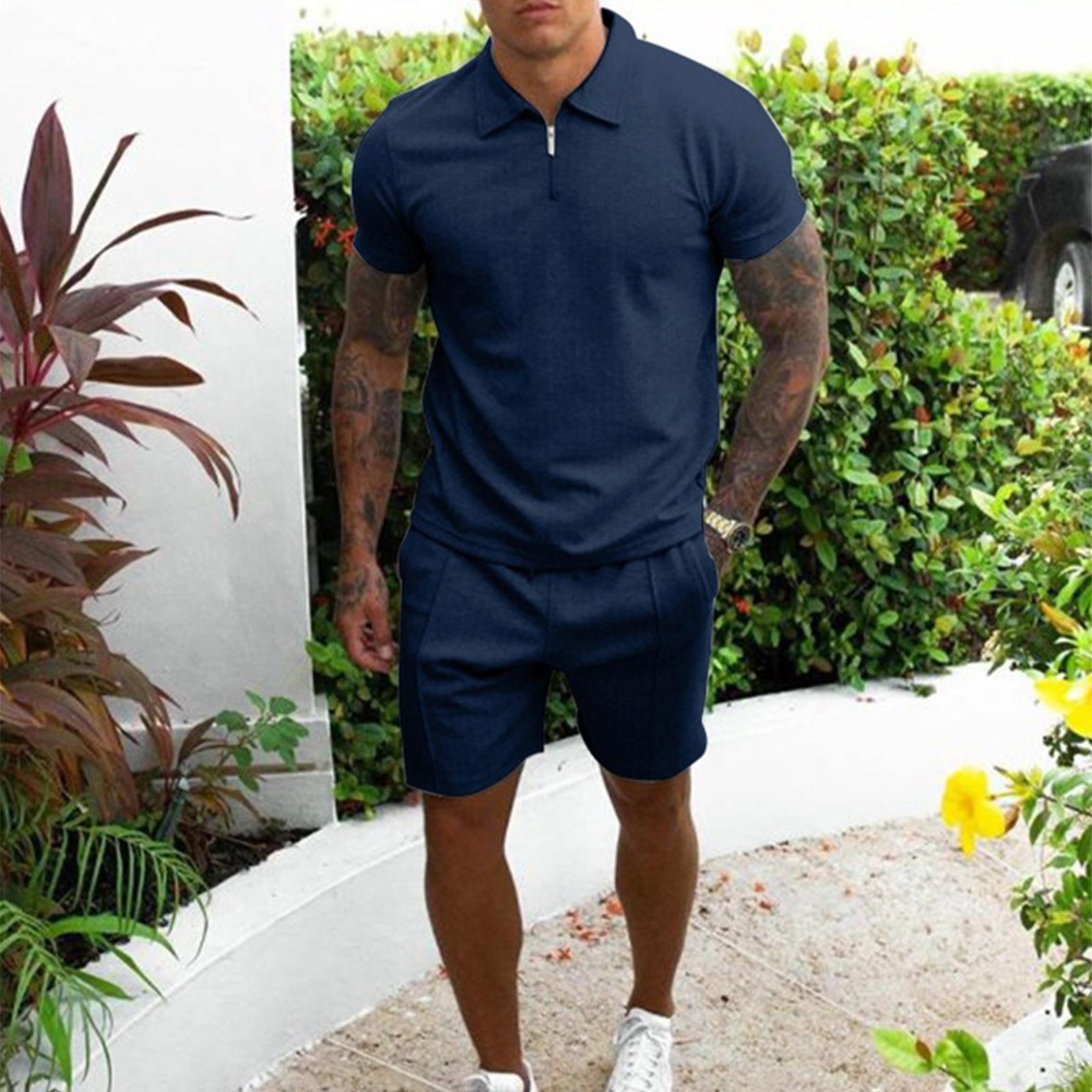 

Men’s Short Sleeve Polo Shirt and Shorts Two Piece Set with Zipper Collar Casual Summer Outfit for Everyday Wear XXXL тёмно-синий