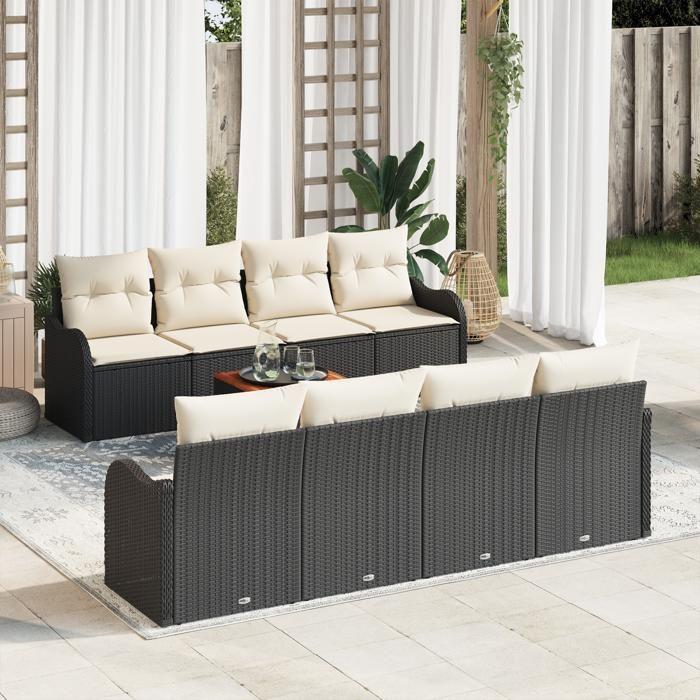 9-piece Garden Sofa with Cushions Black Poly Rattan Acacia, 2-seater Garden Sofa with Cushions Black Poly Rattan 3347425
