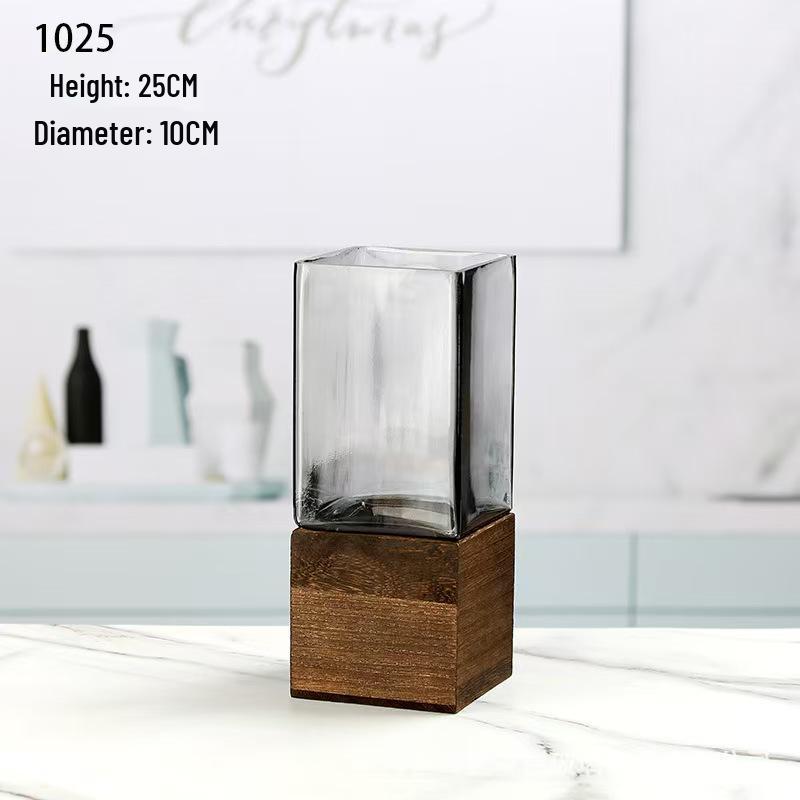 Nordic Wooden Stem Holder Glass Vase for Hydroponic Roses & Bamboo