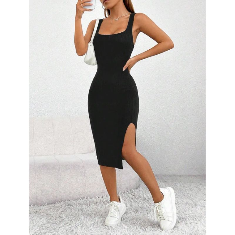2025 Summer European and American Solid Sling Slim Fit Sunken Stripe Slit Dress Simple Slip Dress