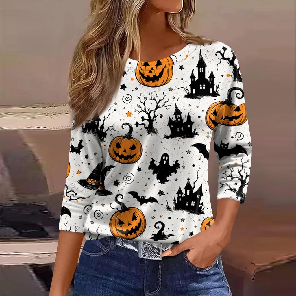 Women's Casual Three-Quarter Sleeve Round Neck Top with Halloween Print for Holiday Outfits