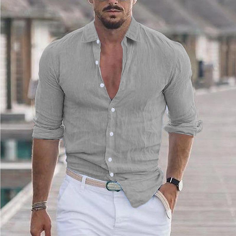 Fashion Men's Shirts Summer Cotton Linen Lapel Beach Shirt Long-sleeved Solid-coloured Shirts Casual Versatile Tops