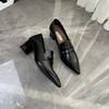 Versión de Piel de Vaca Tacón Grueso Puntiagudo Retro Zapatos Pequeños de Cuero para Mujer Estilo de Commuting Temperamento Mocasines de Un Solo Paso Versátiles Zapatos Franceses Individuales