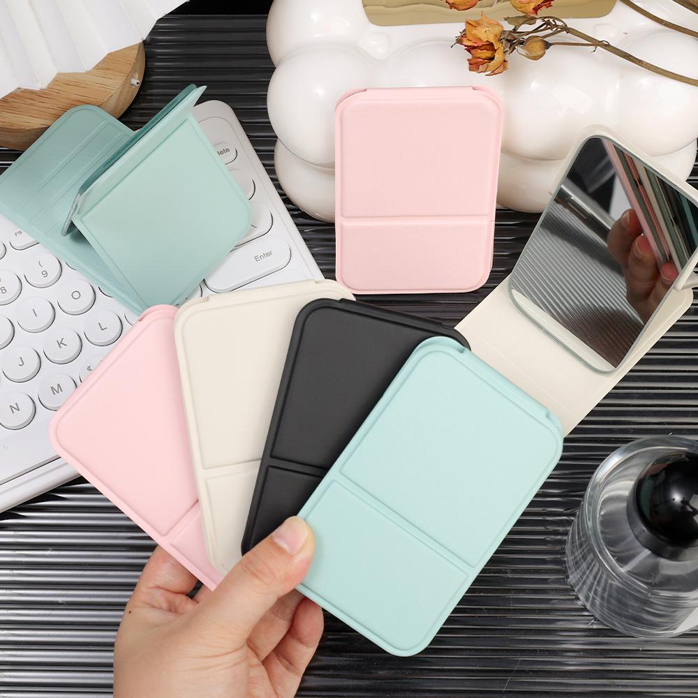 1PC Mini Folding Makeup Mirror Solid Color PU Leather Simple Portable Handheld Desktop Makeup Mirror High Definition Vanity Tool