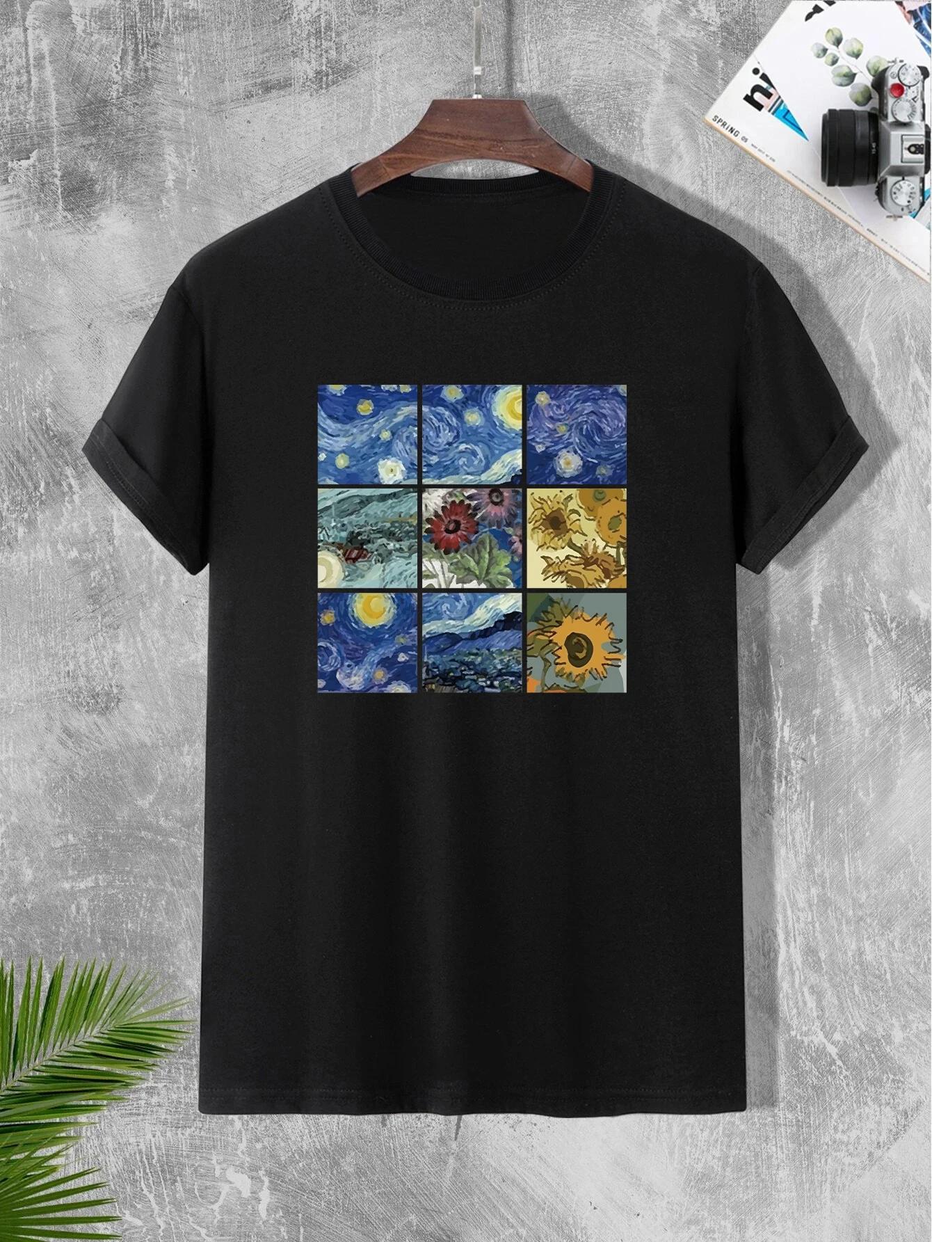 

Men s Oil Painting Print T-shirt, Casual Solid Color Crew Neck Tee XXXXXL чёрный