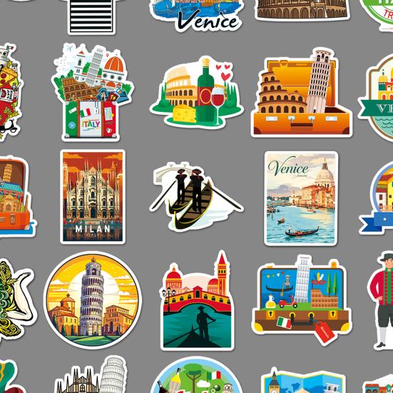 Stationery for Travel Enthusiasts 50PCS Themed Stickers, Retro European Style Waterproof PVC Vintage City Architecture Stickers Decals, Non