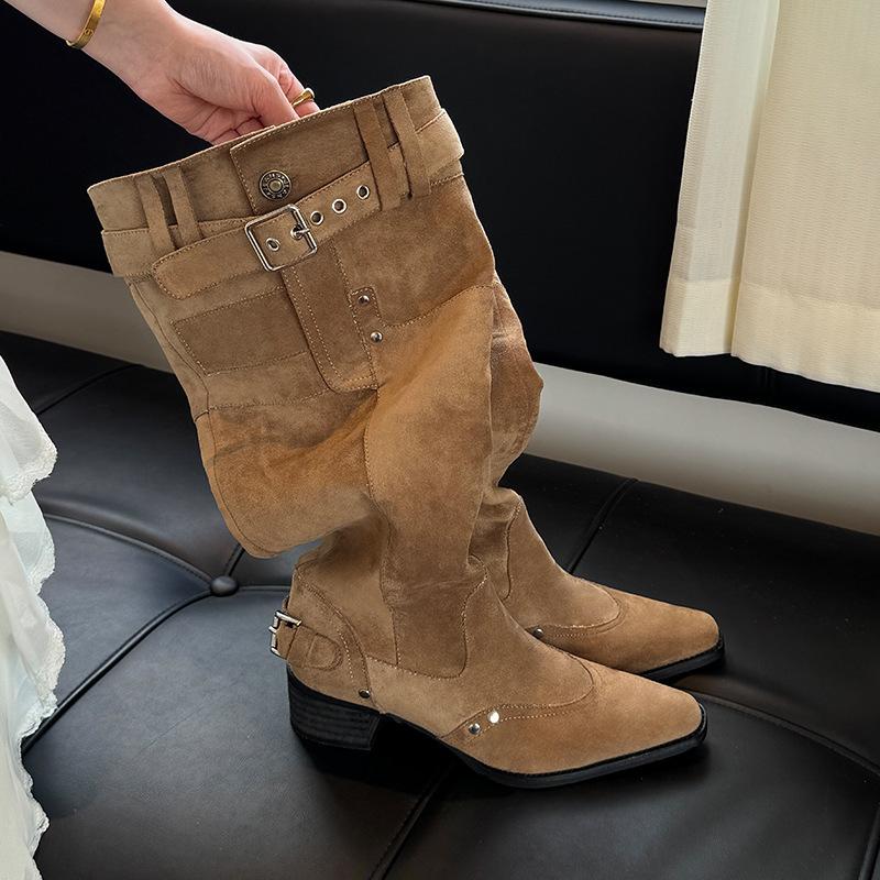 Khaki boots women's summer with skirt thin suede boots Xinjiang trouser stacking boots