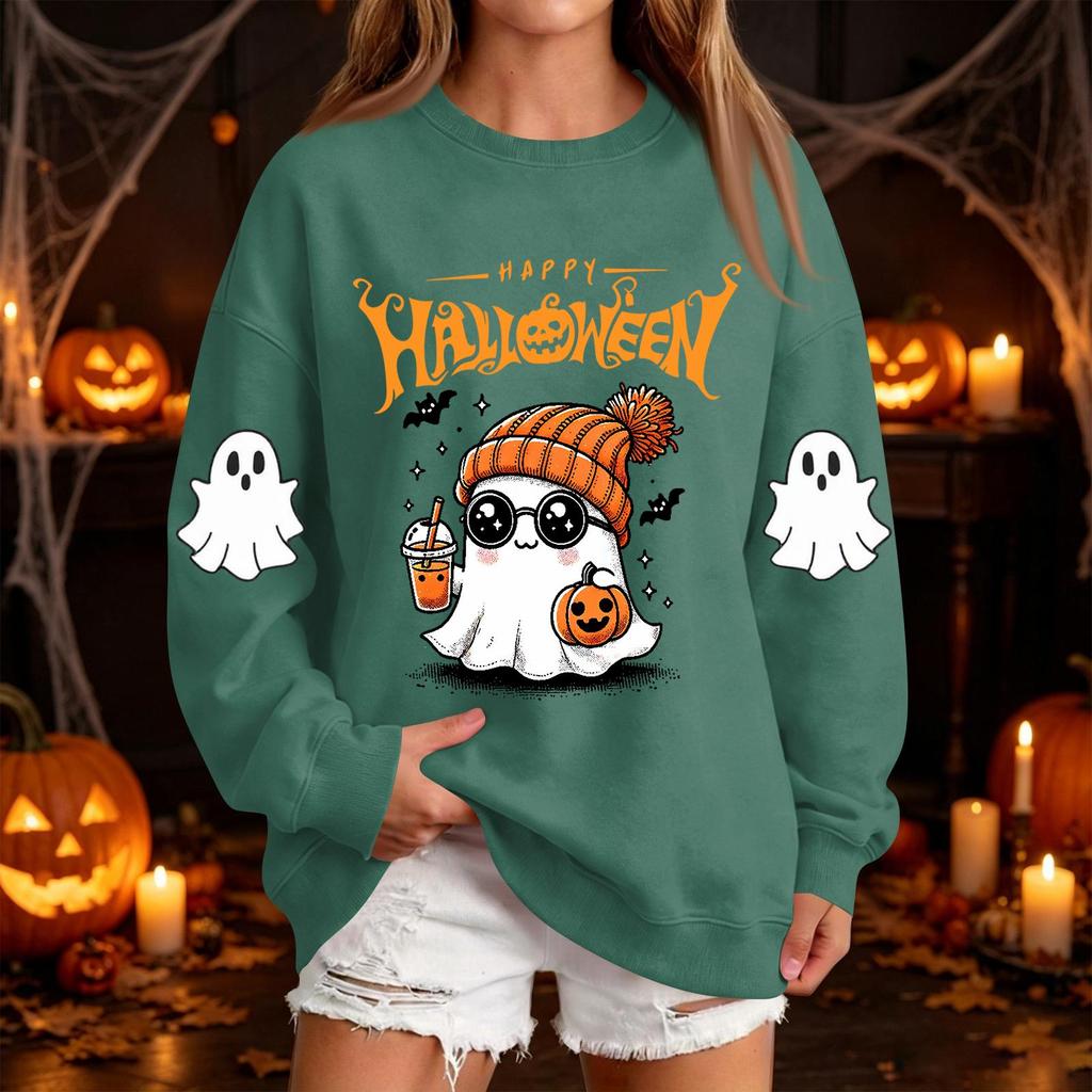 Women's Halloween Neck Sweatshirt Casual Print Pullover