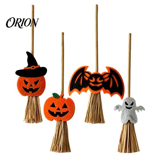 Natural Straw Broom Ornament Halloween Mini Broomstick Ornament, Witch Pumpkin Bat Ghost Decor with Grass Bright Wear-resistant Broom, Festive