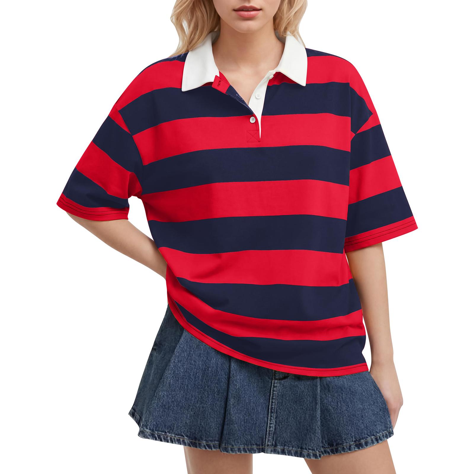 

Women’s Casual Striped Polo Collar Loose Fit Short Sleeve Top Relaxed Style Pullover Shirt for Everyday Wear M червоний