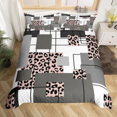Abstrakter Streifen Leopard Karo Bettbezug Geometrischer Gepardenmuster Bettwäsche Set Mädchen Rosa Schwarz Grau Einzelbett Queen Bettdeckenbezug
