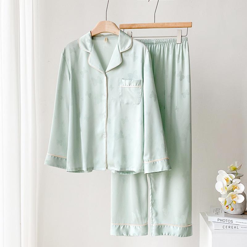 1111 new women's ice silk pajamas v-neck thin long-sleeved trousers Internet celebrity explosion fresh loungewear can be worn outside
