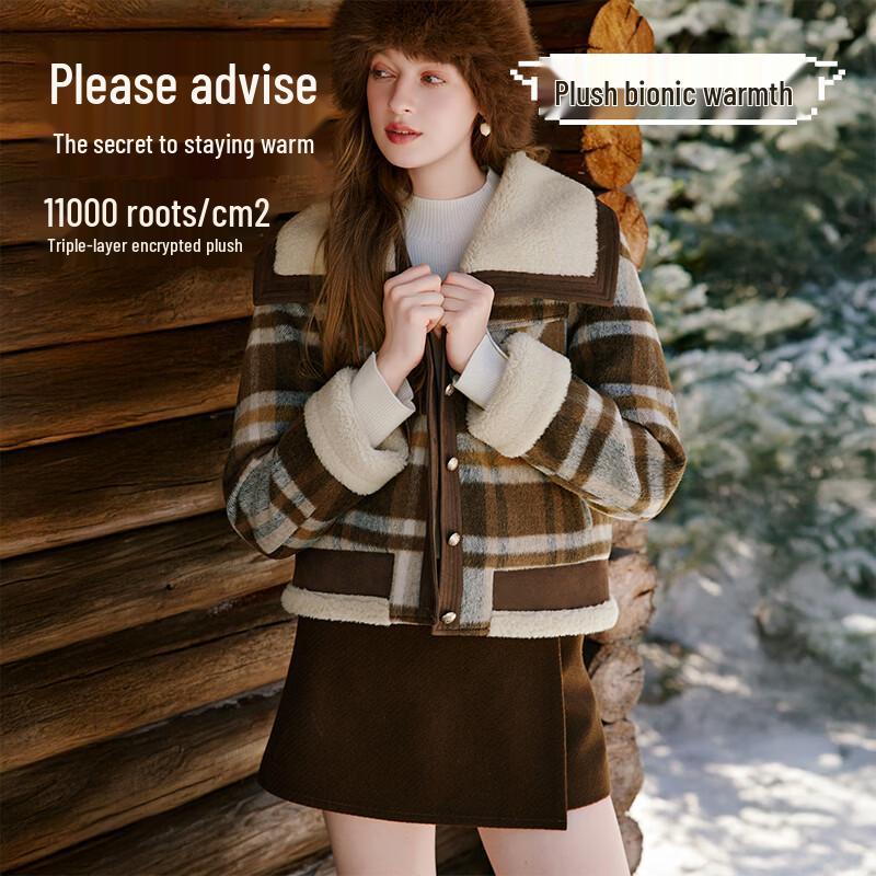 Xiangying Damen Retro Karierte Kurzjacke aus Kunstpelz