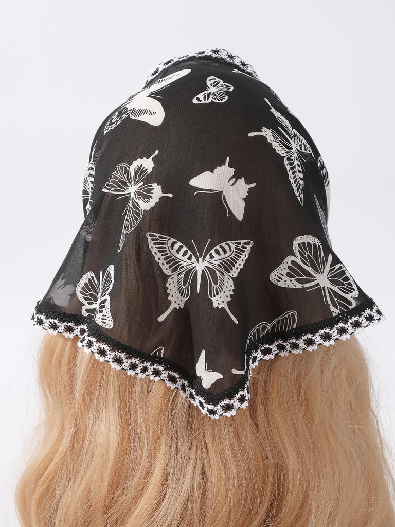 Fashion Butterfly Print Women's Turban Summer Lace Transparent Triangular Scarf Girl Silk Scarf Trendy Bandana Hair Accessories