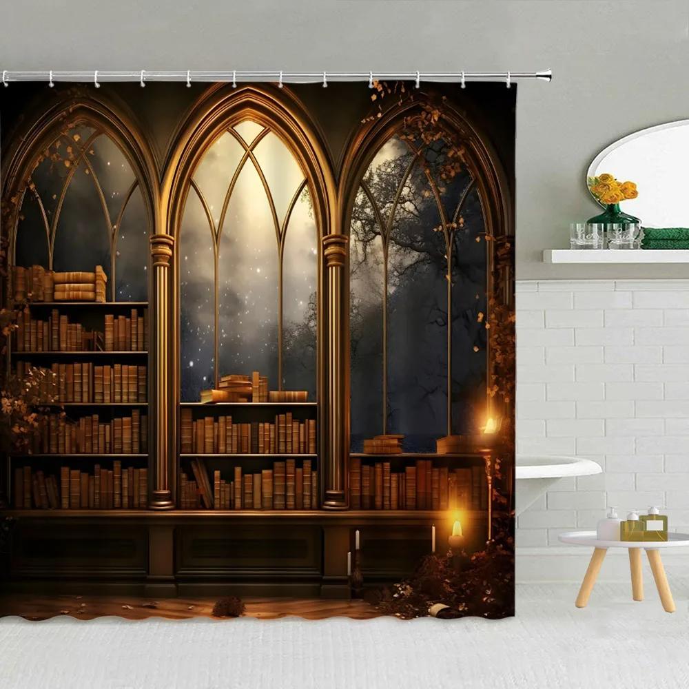 3D Library Shower Curtain, Vintage Bookshelf Books Gothic Magic Polyester Printed Fabric Bathroom Decorative Bathtub Accessories