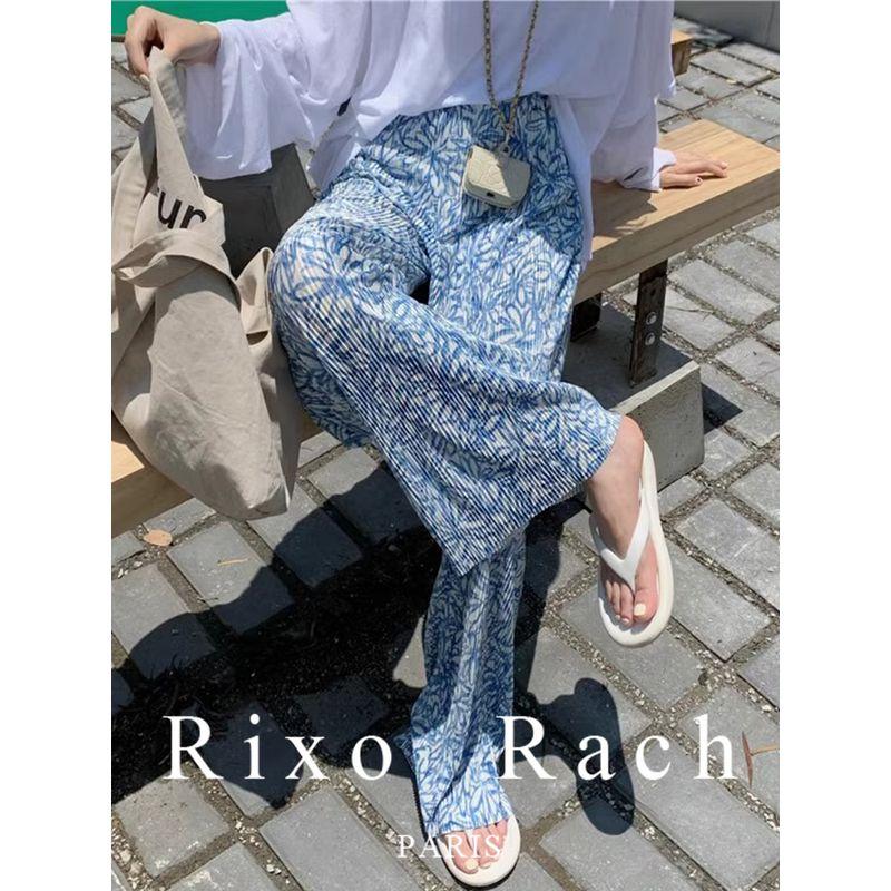 

Rixo Rach French Style Blue Print Ice Silk Organ Pleated High Waist Loose Pants Women s Summer Thin Drape Baggy Pants Blue S