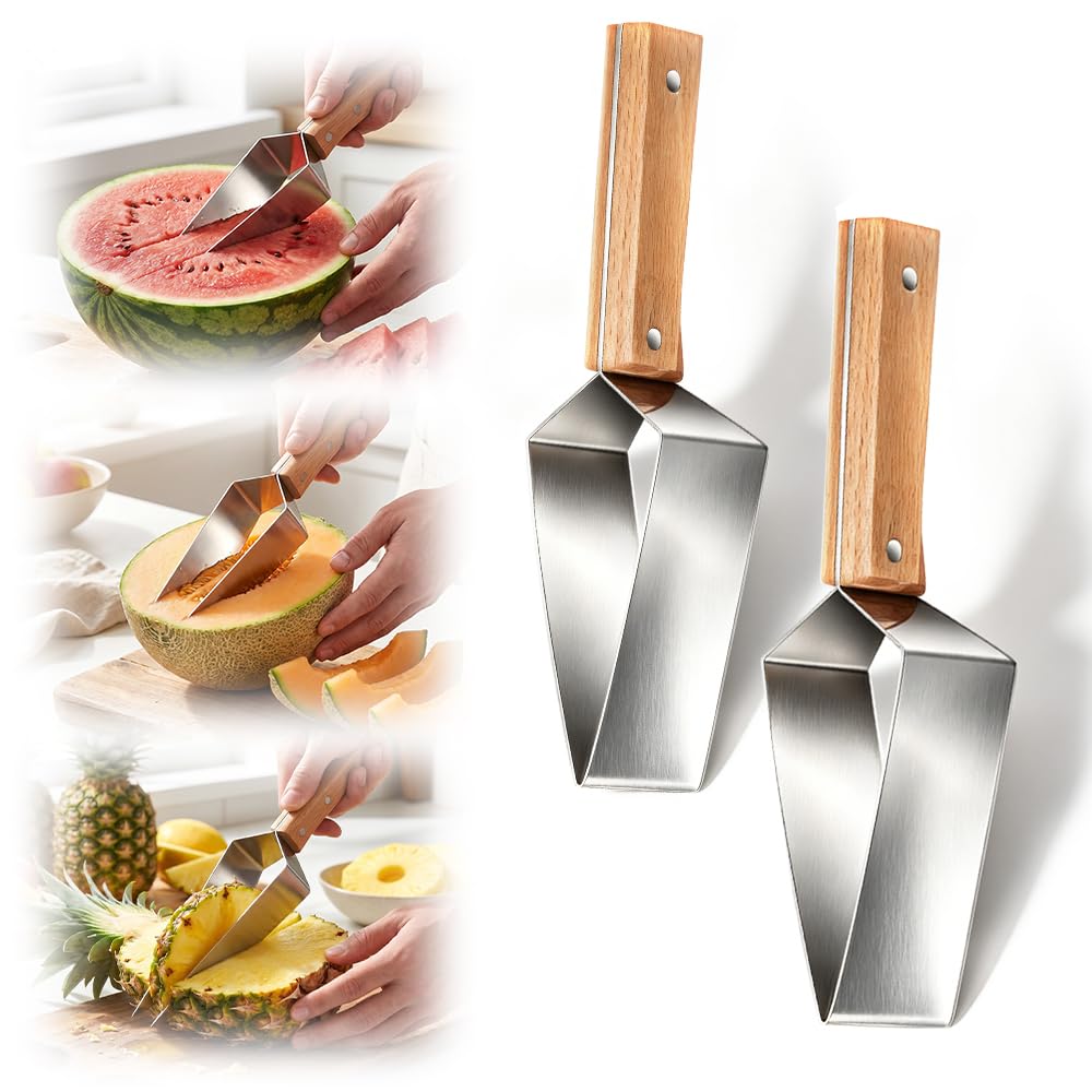 Triangular Watermelon Cutter, 2026 New Watermelon Slicer Cutter Stainless Steel, Multifunctional Fruit Slicing Tool with Wooden Handle 2 Piece