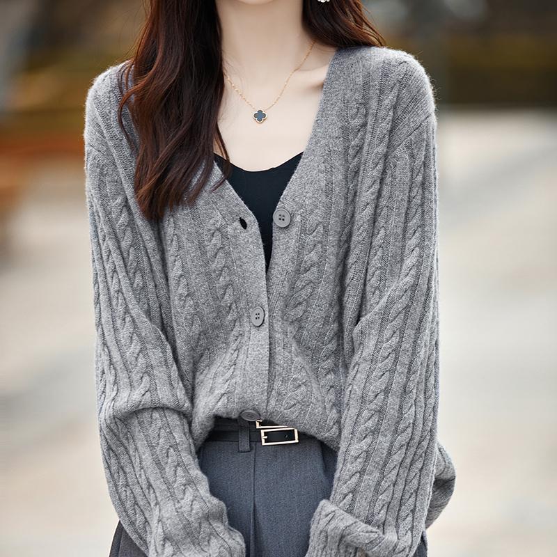 

Женский кардиган из чистой шерсти с V-образным вырезом - Длинный рукав, кабельная вязка, кофейного цвета для осени/зимы 2XL (135-150 jin) серый