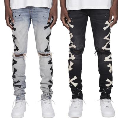 2024 High-Quality European And American Men'S Perforated Printed Elastic Jeans With Bone Print