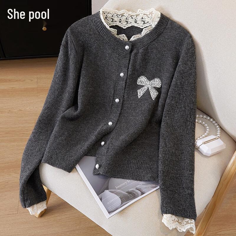 Shechi Women s Round Neck Knit Cardigan with Lace Patchwork One Size