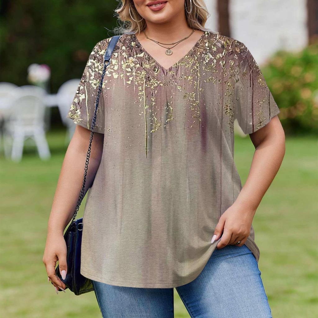 Women's Plus Size Fashionable Casual Loose-Fit Short Sleeve Elegant V Neck Blouse For Work