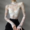 T-Shirt mit halbem Stehkragen, Spitze und Mesh im französischen Stil, langärmlig für Damen, leicht, durchsichtig, Sonnenschutzhemd, Slim Fit, Spicy Girl Top
