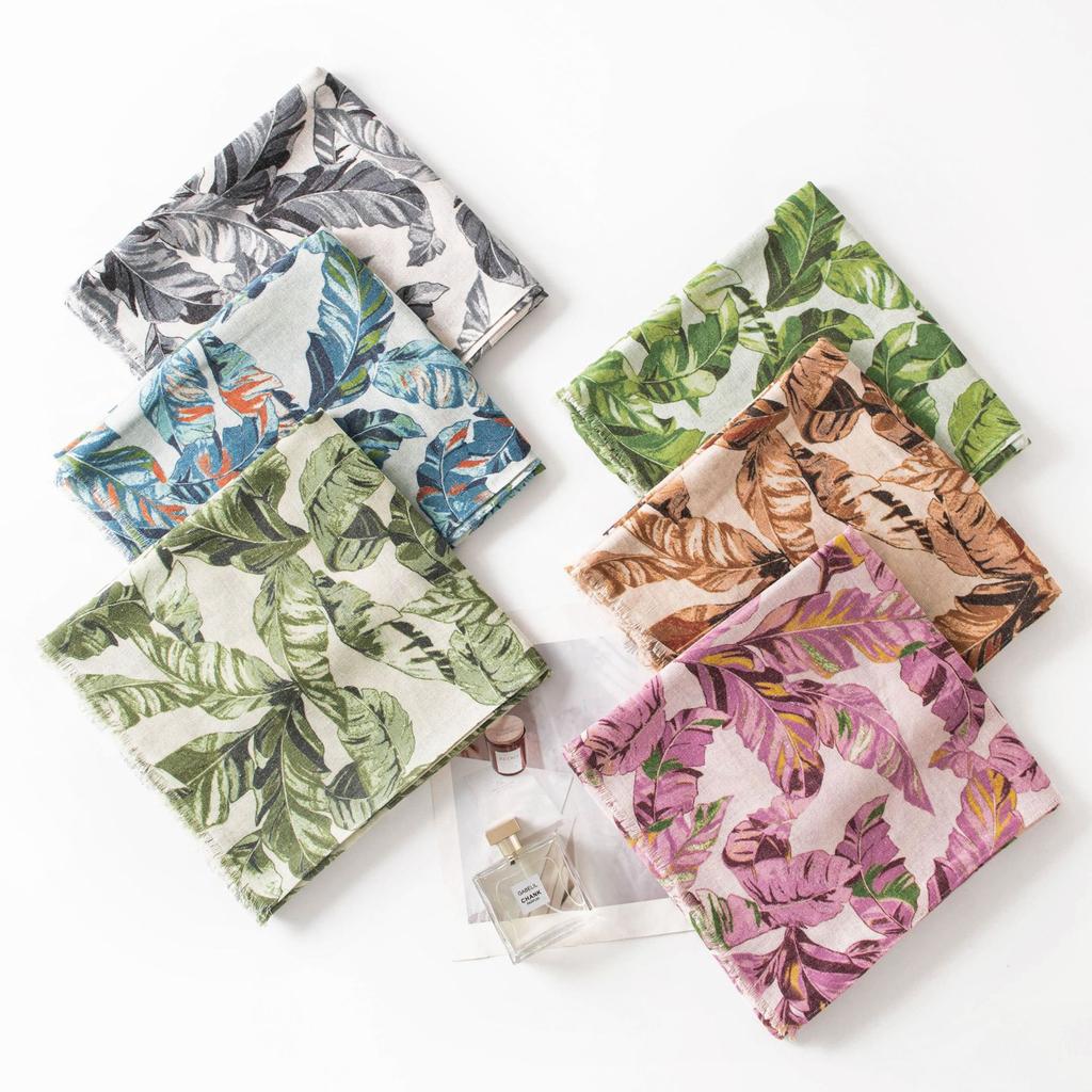 Ins Internet celebrity tropical leaf print long towel cotton and linen texture scarf travel vacation sunshade sunscreen large shawl