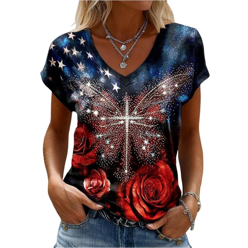 Women's Casual V Neck Short Sleeve Pullover T Shirt Independence Day Graphic Print Top Lightweight Comfortable Fit