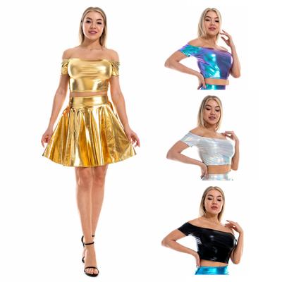 Top curto metálico brilhante feminino ombro de fora sólido clubwear tops camiseta para festa de dança discoteca noite