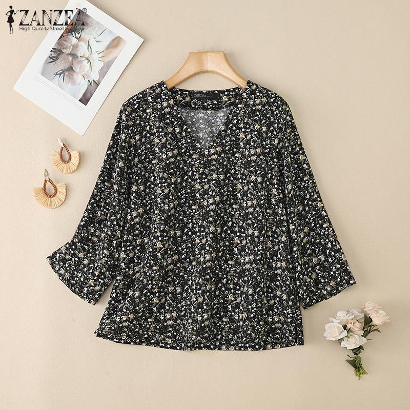 ZANZEA Women Casual V-Neck Loose 3/4 Sleeve Floral Blouse