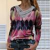 Women Tie-dye  Printed  Embroidery Collar Long Sleeve Pullover Blouse Tops