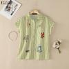 ZANZEA Women Casual Turn Down Collar Loose Short Sleeve Stripe Blouse