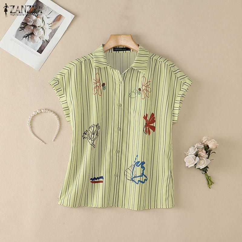 ZANZEA Women Casual Turn Down Collar Loose Short Sleeve Stripe Blouse