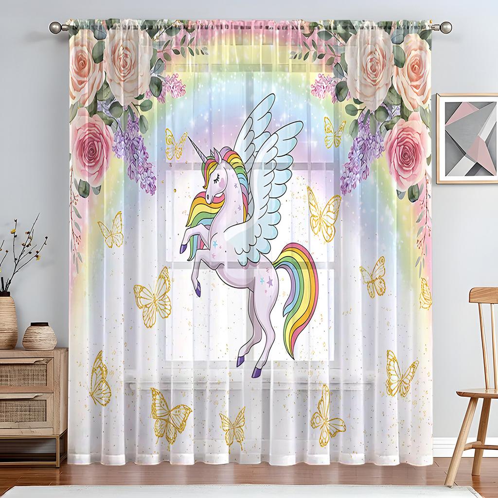 1PC Art Deco Style Sheer Curtain Tiers, Pastoral Flower and Butterfly Print,Rod Pocket, No Bleach, Clear Opacity, for Bedroom, Living Room