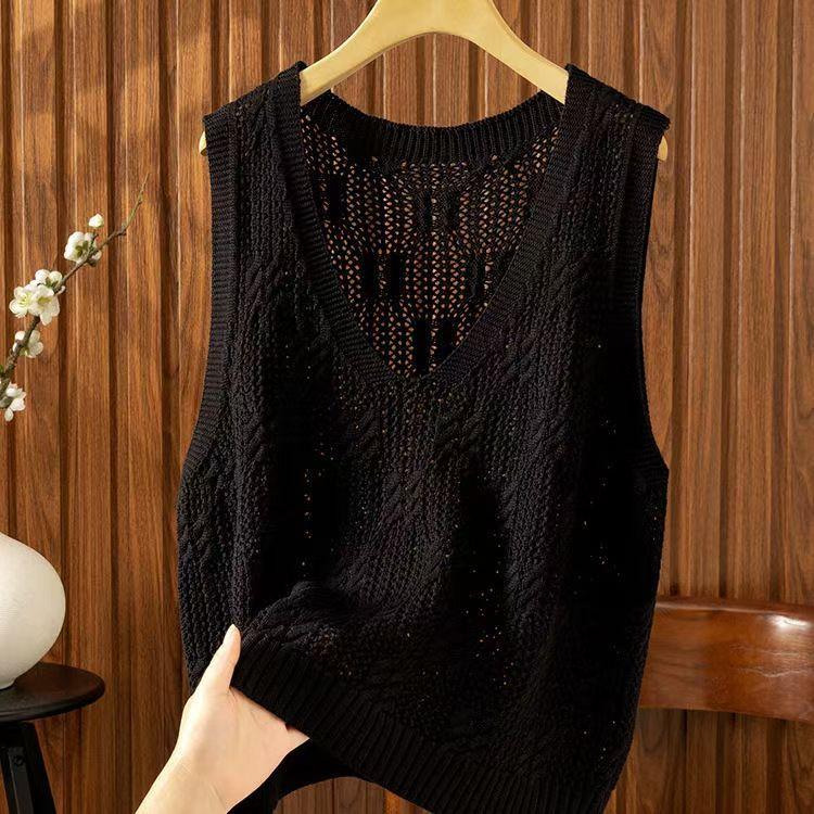 Women's Plus-Size Sleeveless Vest for Spring and Autumn Casual Style Versatile Loose Thin Hollow-Out Knitted Stylish Gilet