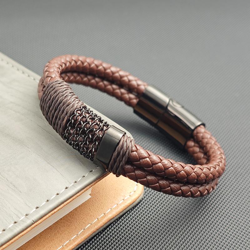 Fashion O-chain Charm Classic Men's Leather Bracelet Black Brown Color Stainless Steel Magnet Bangle Punk Men's New Year Gifts