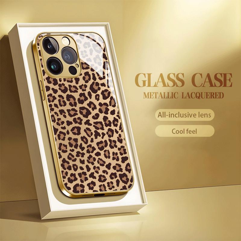 Leopard print metal paint tempered glass phone case suitable for iPhone17 16 15 14 13 12 11Pro Max Plus anti drop and shockproof