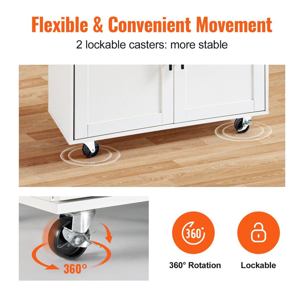 VEVOR Kitchen Island Cart with Solid Wood Top, 90 cm Width Mobile Carts with Storage Cabinet, Rolling Kitchen Table with Spice Rack, Towel Rack