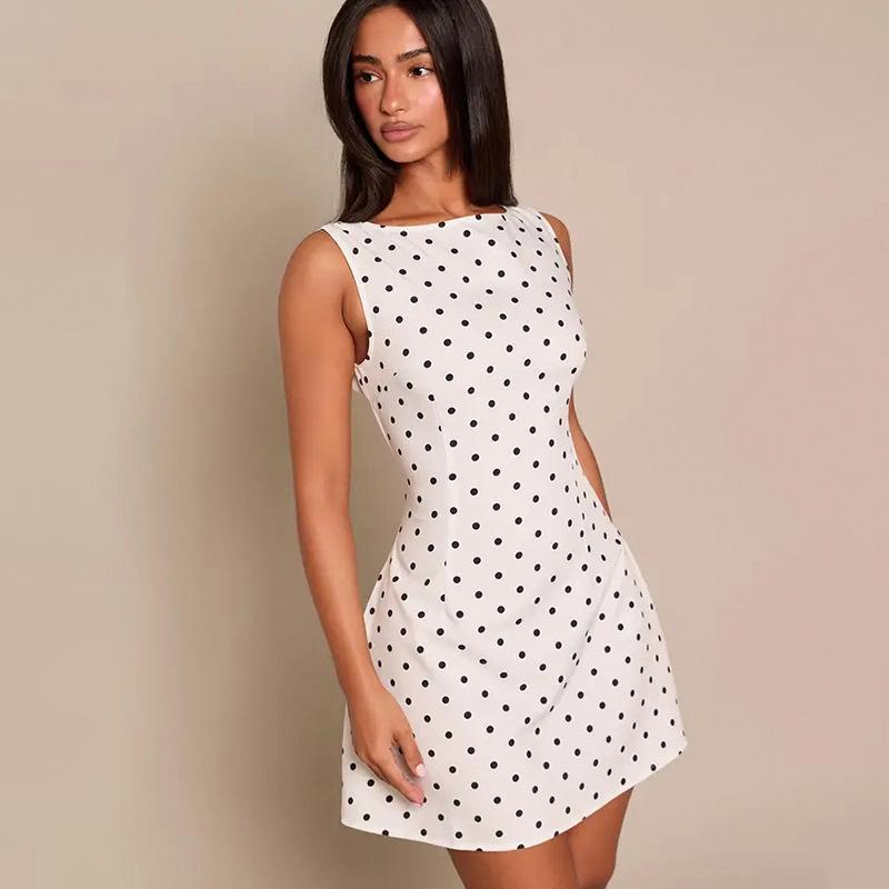 Summer new European and American women's clothing polka dot round neck sleeveless sexy backless zipper hip-wrapped dress women