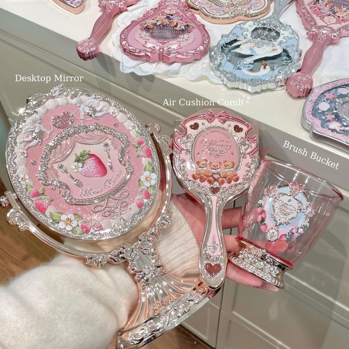 Flower Knows 9th Anniversary 3pcs Makeup Tool Kit Desktop Mirror Air Cushion Comb Brush Bucket