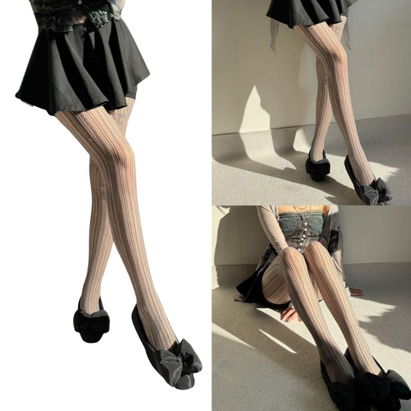 Elegant Hollowed Twist Striped Pattern Sheer Fishnet Stockings Aesthetic See Through Mesh Tights Pantyhose for Women